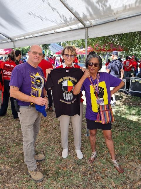 Local 1000 Board Chair Bill Hall, SEIU President Mary Kay Henry, and DLC 789 President Eileen Boughton (l-r) pictured at the August 2022 Sacramento Pow Wow